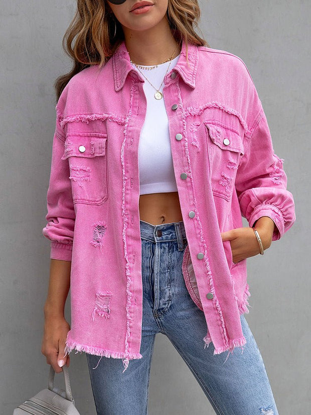 WW | Damenjacken Mittel Lange Tattered Loose Denim Jacke