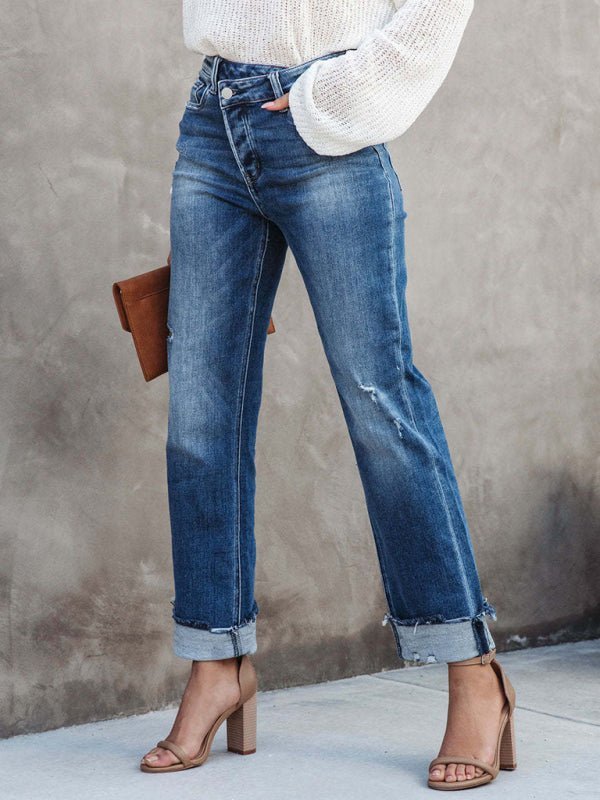 WW | Damen Denim gewaschen High Waist modische lässige Design Taillen-Zugband-Hosen