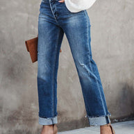 WW | Damen Denim gewaschen High Waist modische lässige Design Taillen-Zugband-Hosen