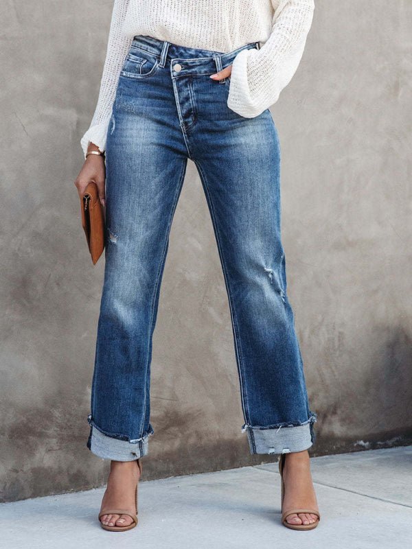 WW | Damen Denim gewaschen High Waist modische lässige Design Taillen-Zugband-Hosen