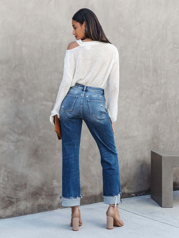 WW | Damen Denim gewaschen High Waist modische lässige Design Taillen-Zugband-Hosen