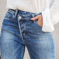 WW | Damen Denim gewaschen High Waist modische lässige Design Taillen-Zugband-Hosen