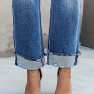 WW | Damen Denim gewaschen High Waist modische lässige Design Taillen-Zugband-Hosen