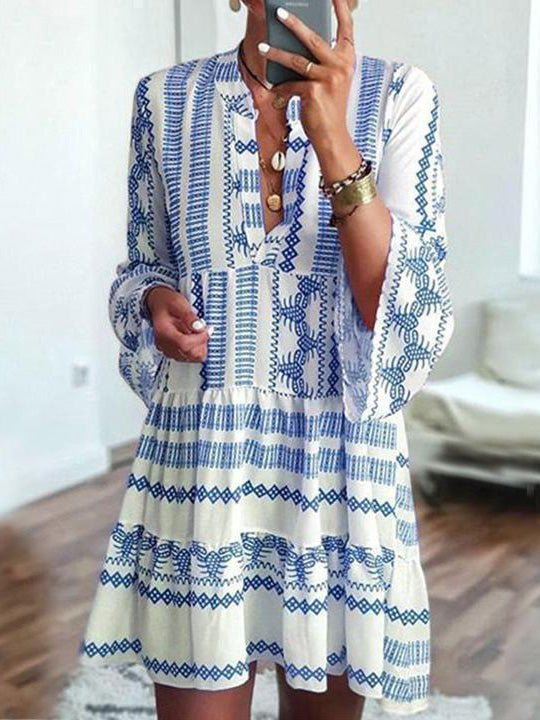 WW | Damen Kleider Bohemian Print Lange Ärmel Mini Kleid