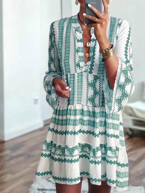 WW | Damen Kleider Bohemian Print Lange Ärmel Mini Kleid