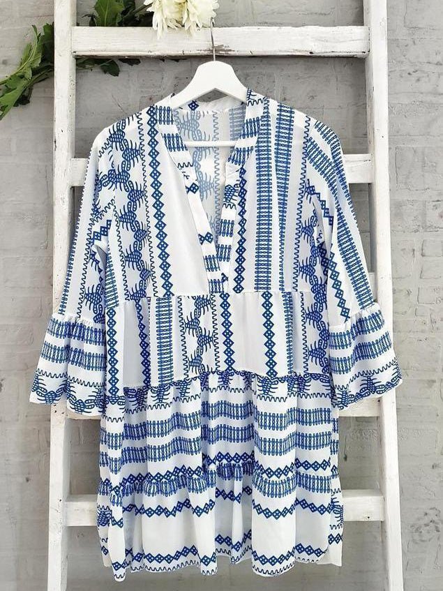 WW | Damen Kleider Bohemian Print Lange Ärmel Mini Kleid
