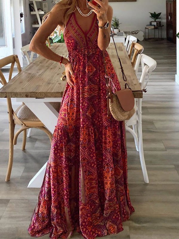 WW | Damenkleider Bohemian Print Sling Ärmelloses Kleid