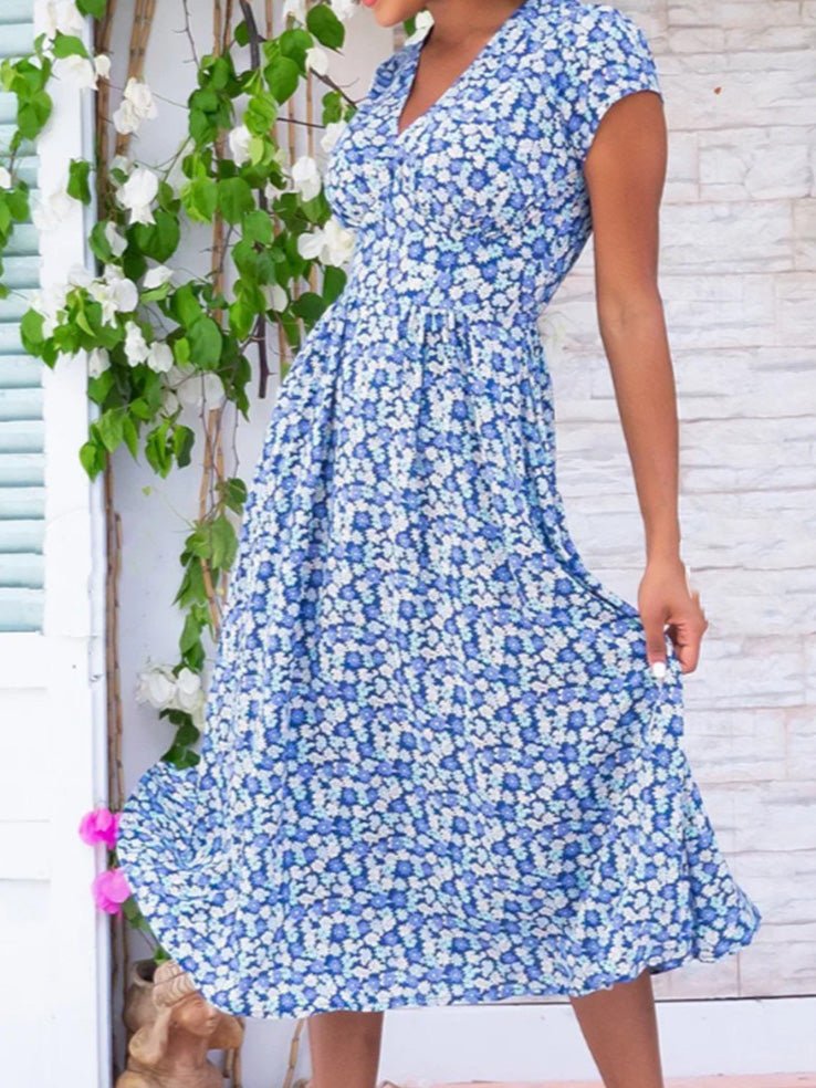 WW | Frauen Kleider Bohemian Druck V-Ausschnitt Tasche Kleid