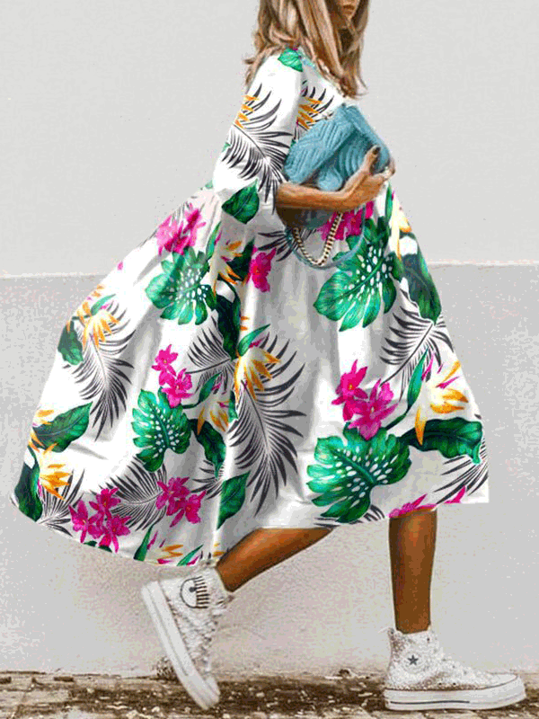 WW | Damen Kleider Boho Print Rundhalsausschnitt Mittelarm Kleid