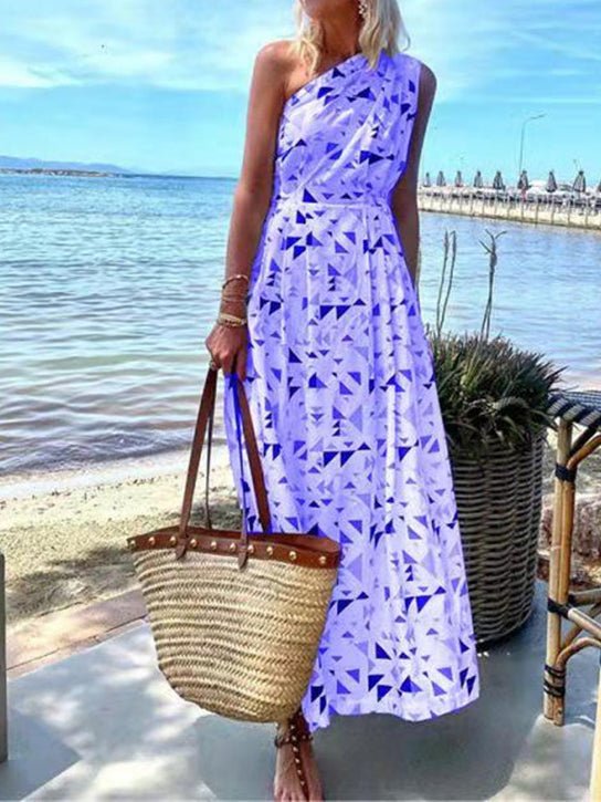 WW | Damen Kleider Boho Print Schräggeschulter Ärmelloses Kleid
