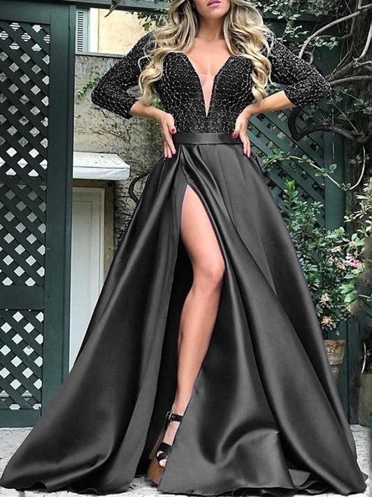 WW | Frauen Kleider Bronzing V-Ausschnitt Bankett Schlitz Abendkleid