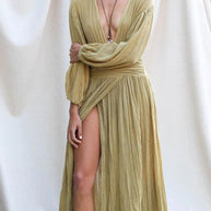 WW | Damen Kleider Baumwolle Leinen V-Ausschnitt Ballonärmel Schlitz Kleid