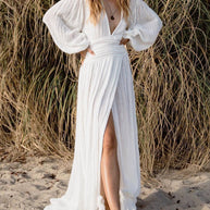 WW | Damen Kleider Baumwolle Leinen V-Ausschnitt Ballonärmel Schlitz Kleid