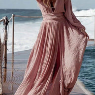 WW | Damen Kleider Baumwolle Leinen V-Ausschnitt Ballonärmel Schlitz Kleid