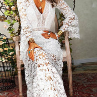 WW | Damen Kleider Hollow Lace V-Ausschnitt Langarm Kleid