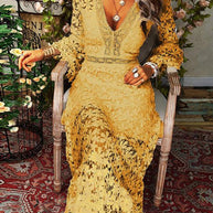 WW | Damen Kleider Hollow Lace V-Ausschnitt Langarm Kleid