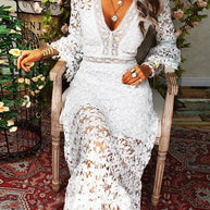 WW | Damen Kleider Hollow Lace V-Ausschnitt Langarm Kleid