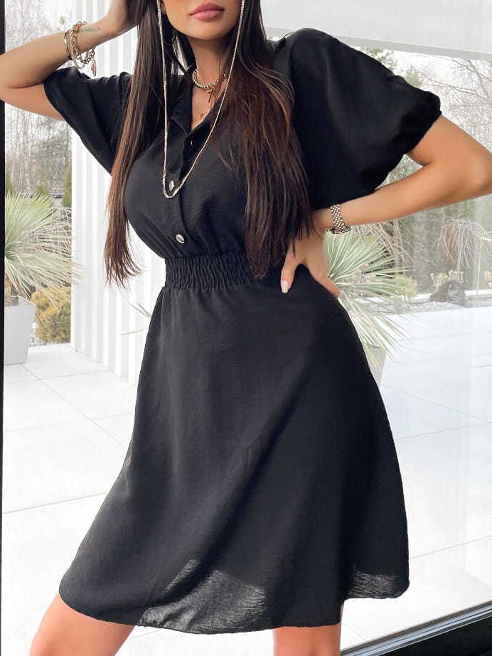 WW | Damen Kleider Klappknopf Elastischer Bund Kurzarm Kleid
