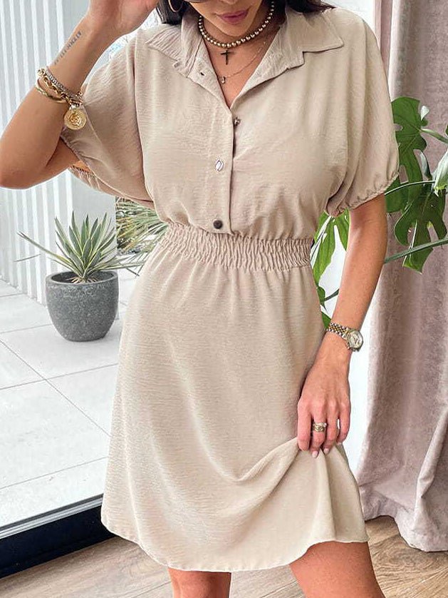 WW | Damen Kleider Klappknopf Elastischer Bund Kurzarm Kleid