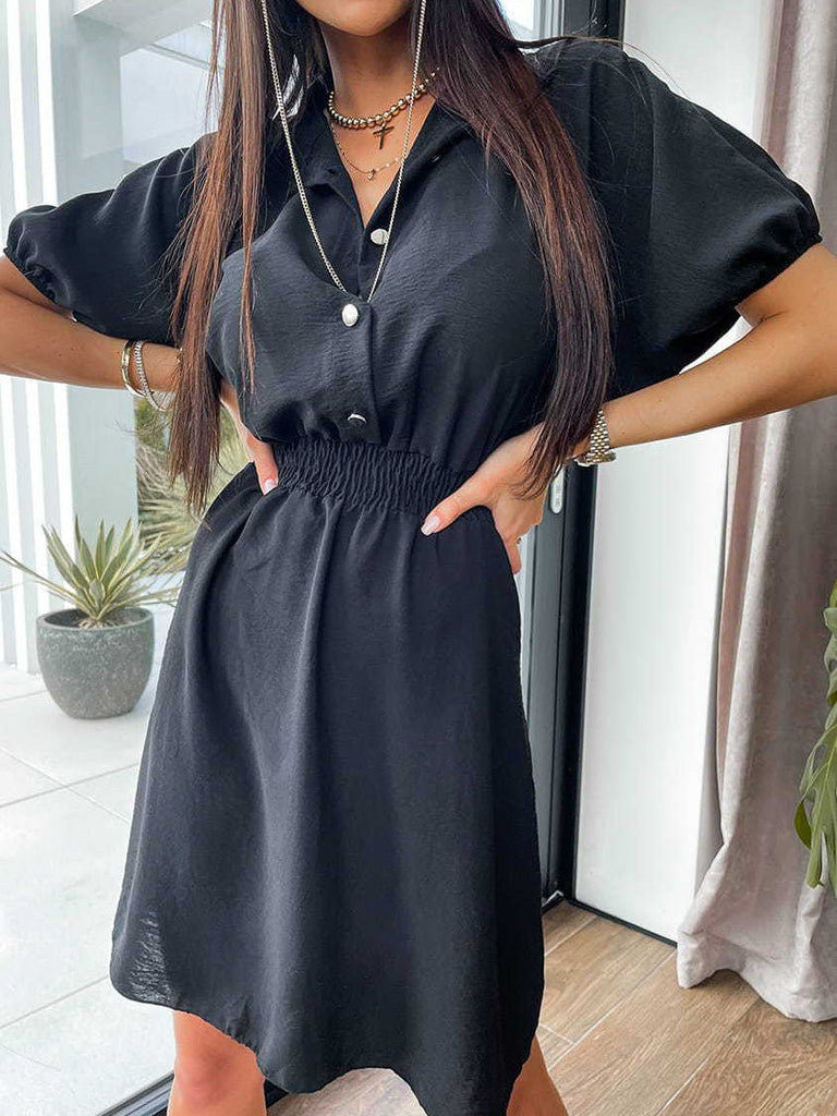WW | Damen Kleider Klappknopf Elastischer Bund Kurzarm Kleid