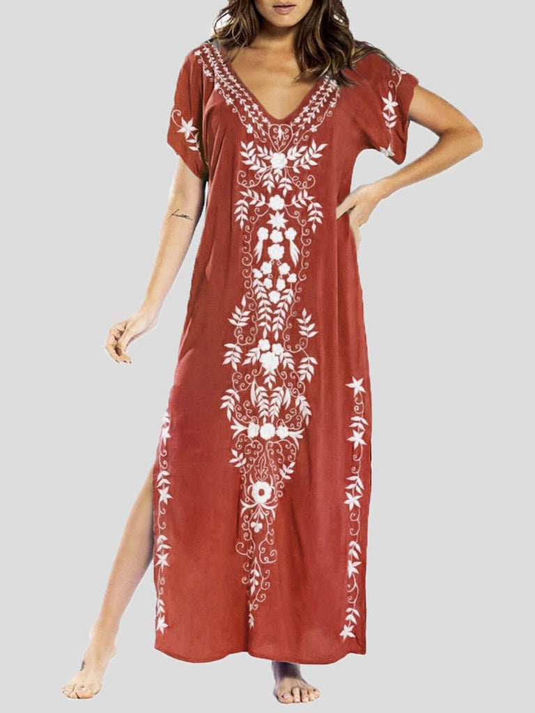 WW | Damen Kleider Locker V-Ausschnitt Vintage Druck Schlitz Maxi Kleid