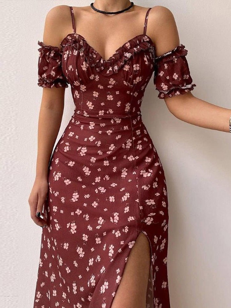 WW | Damen Kleider Sling Blumen Off Shoulder Schlitz Kleid