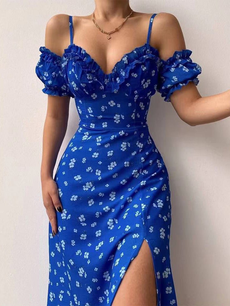 WW | Damen Kleider Sling Blumen Off Shoulder Schlitz Kleid
