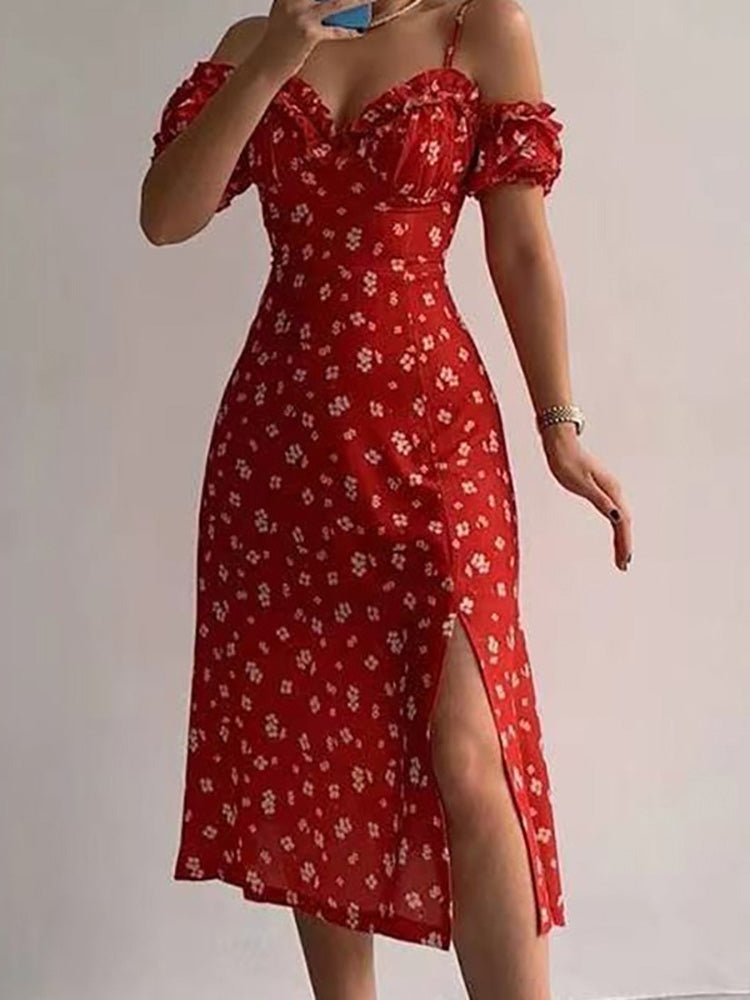 WW | Damen Kleider Sling Blumen Off Shoulder Schlitz Kleid