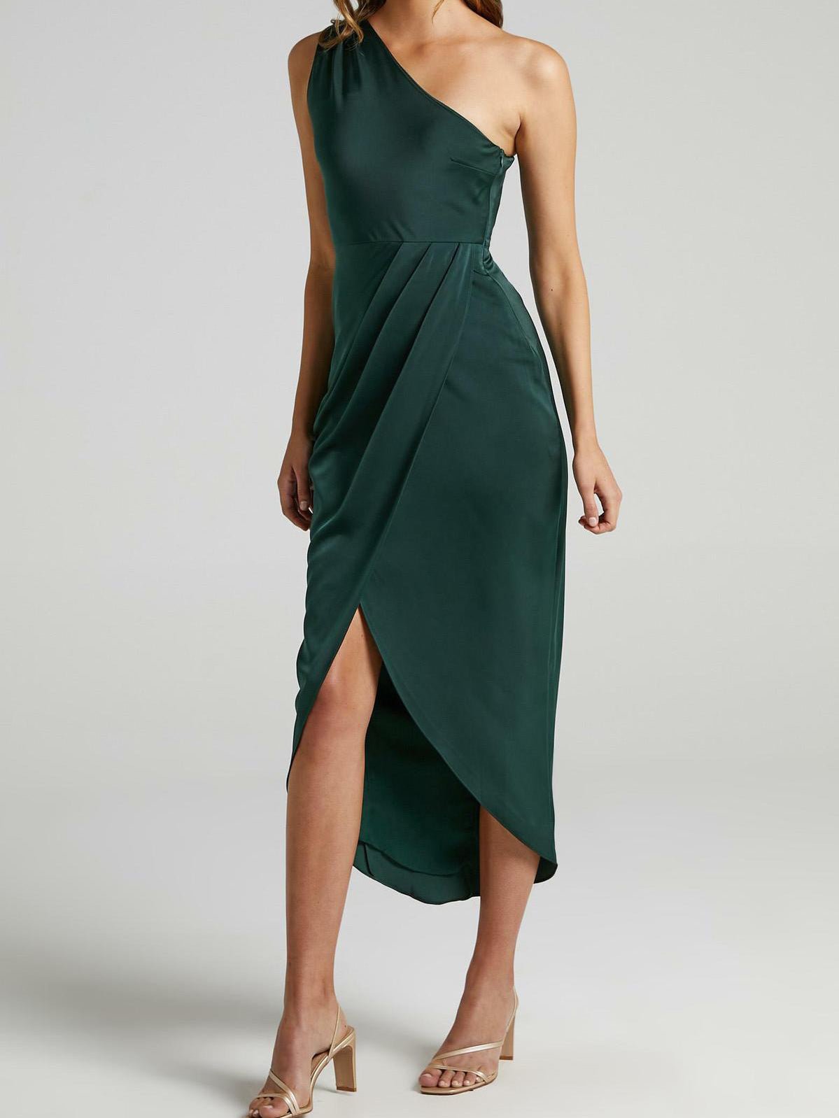 WW | Damen Kleider Einfarbig Ein Schulter Ärmlos Unregelmäßig Schlitz Kleid