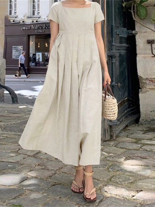 WW | Damen Kleider Quadrat-Ausschnitt Plissee Kurzarm Kleid