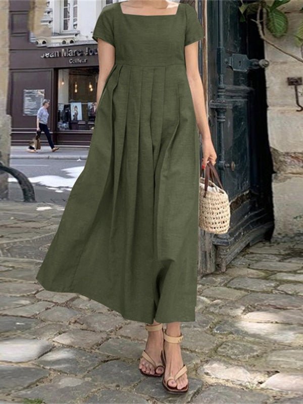 WW | Damen Kleider Quadrat-Ausschnitt Plissee Kurzarm Kleid