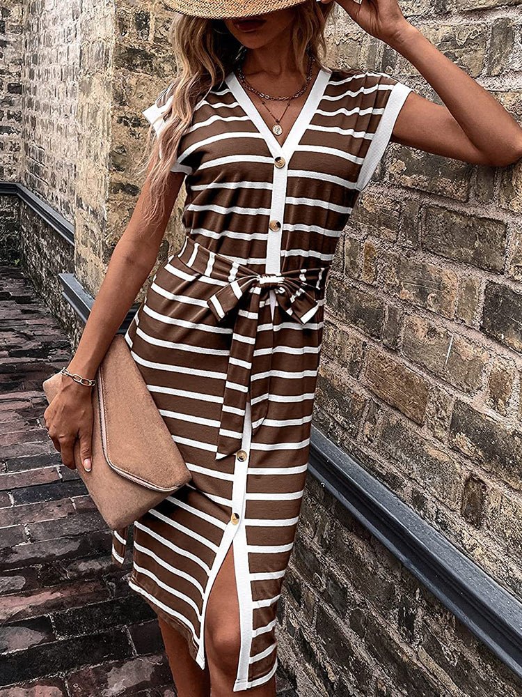 WW | Damen Kleider Gestreift Spitze Ein-Knopf Midi Kleid