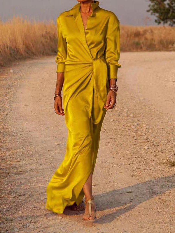 WW | Damen Kleider Tie Hohe Taille Langarm Schlitz Kleid