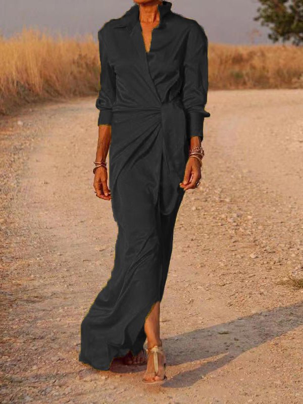 WW | Damen Kleider Tie Hohe Taille Langarm Schlitz Kleid