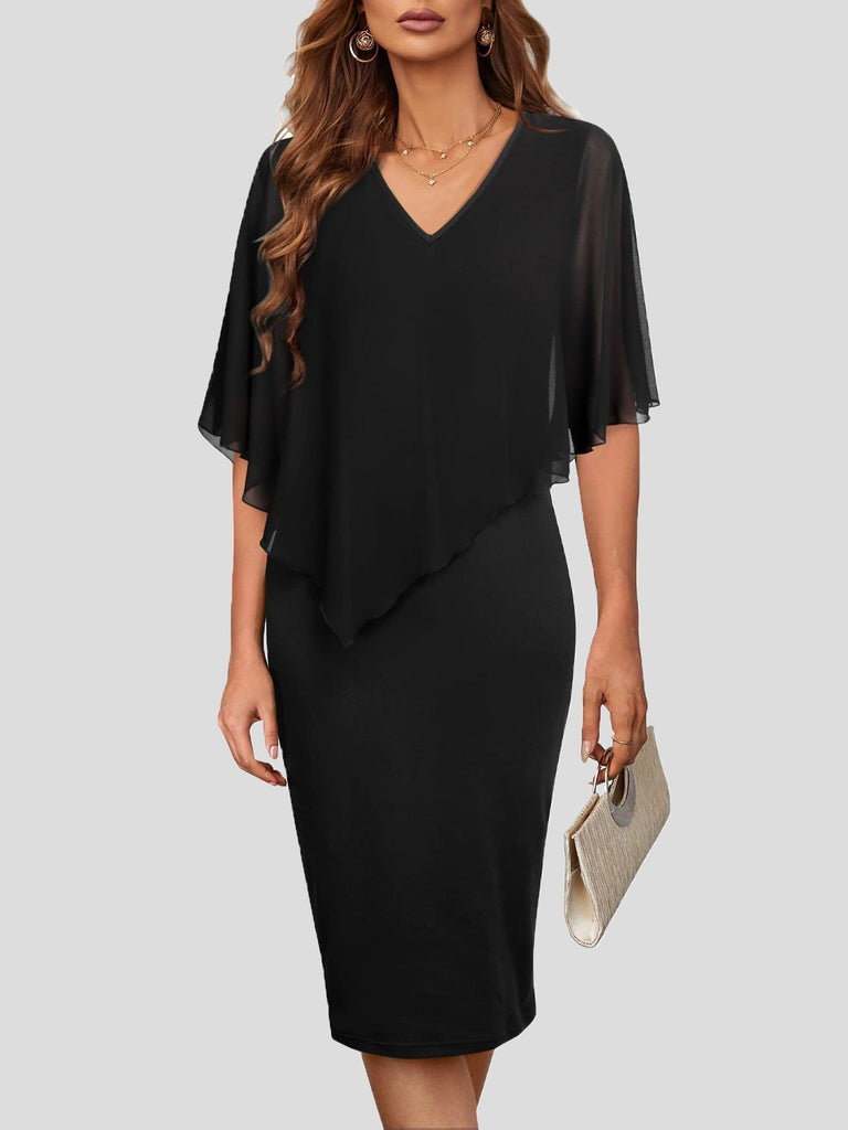 WW | Damenkleider V-Ausschnitt Chiffon Schal Slim Fit Kleid