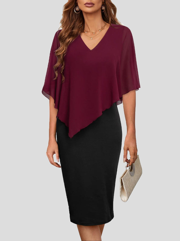 WW | Damenkleider V-Ausschnitt Chiffon Schal Slim Fit Kleid