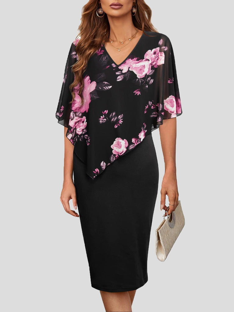 WW | Damenkleider V-Ausschnitt Chiffon Schal Slim Fit Kleid