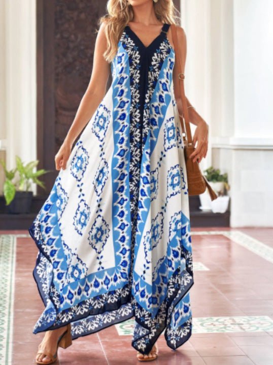 WW | Frauen Kleider Vintage Druck Sling Unregelmäßiges Kleid