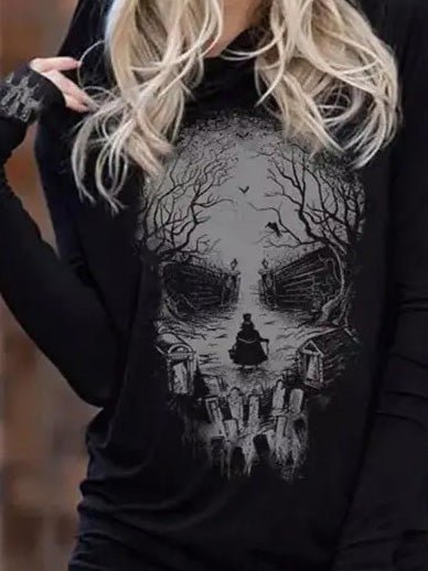 WW | Damen Kapuzenpullover mit Totenkopfprint Langarm Kapuzenpullover