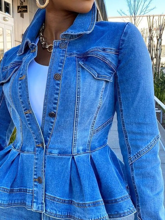 WW | Damen Jacken Knopf Volant Lange Ärmel Denim Jacke
