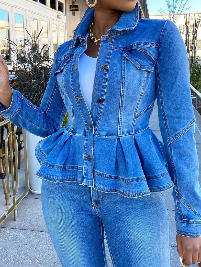 WW | Damen Jacken Knopf Volant Lange Ärmel Denim Jacke