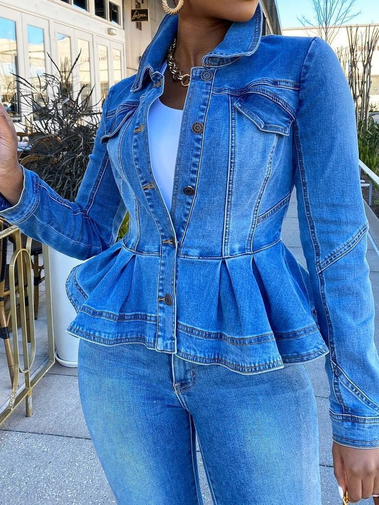 WW | Damen Jacken Knopf Volant Lange Ärmel Denim Jacke