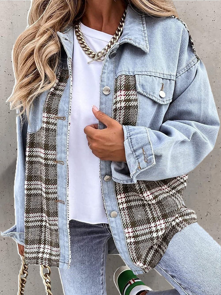WW | Damenjacken Überprüfen Panel Knopf Lange Ärmel Denim Jacke
