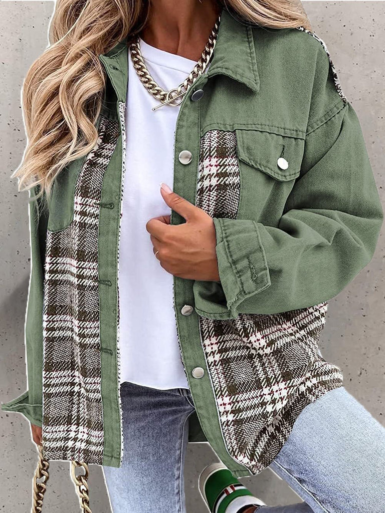 WW | Damenjacken Überprüfen Panel Knopf Lange Ärmel Denim Jacke