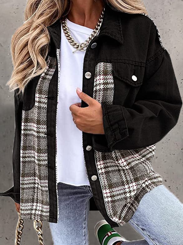 WW | Damenjacken Überprüfen Panel Knopf Lange Ärmel Denim Jacke