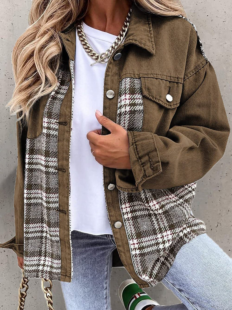 WW | Damenjacken Überprüfen Panel Knopf Lange Ärmel Denim Jacke