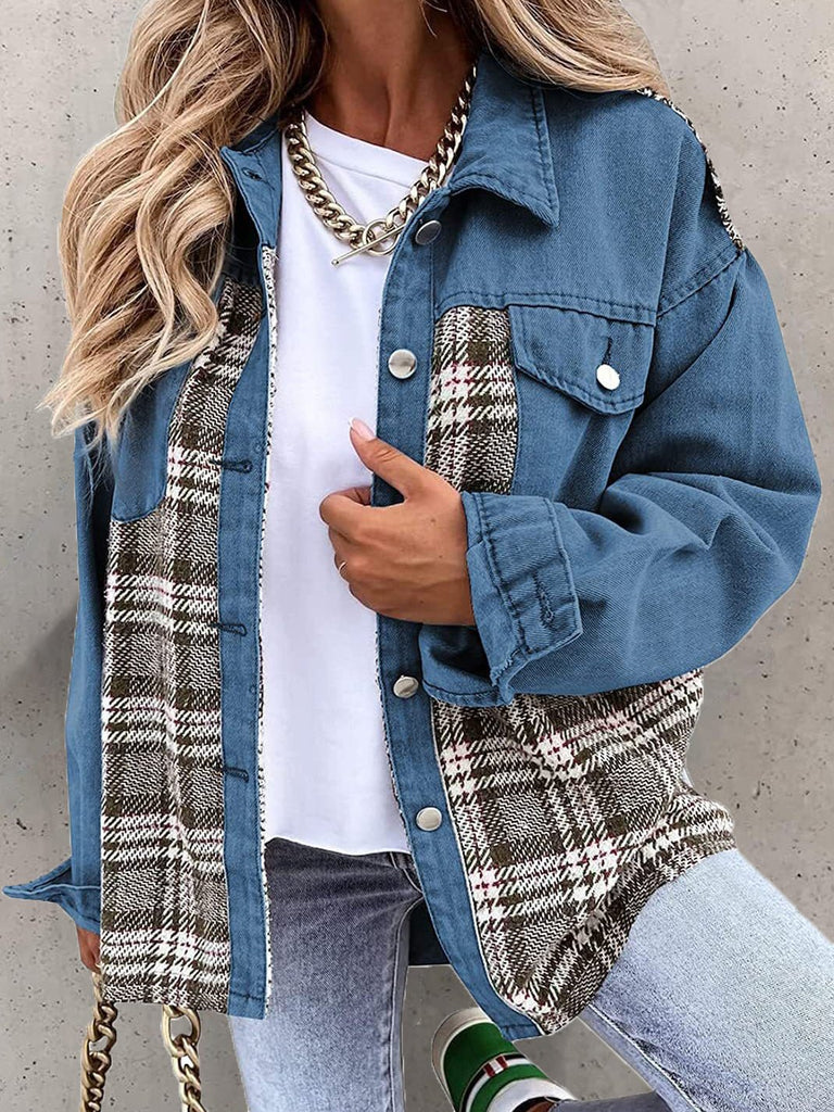 WW | Damenjacken Überprüfen Panel Knopf Lange Ärmel Denim Jacke