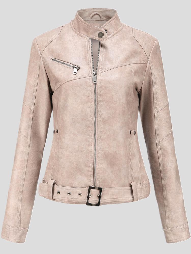 WW | Damenjacken Stehkragen Slim Gürtel Lederjacke