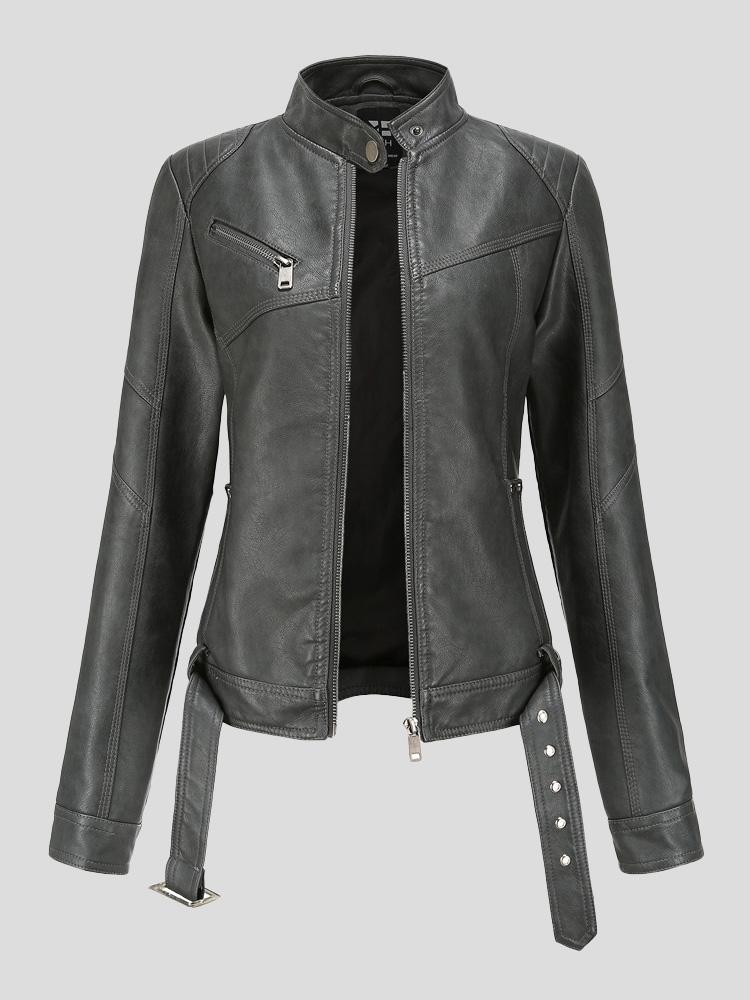 WW | Damenjacken Stehkragen Slim Gürtel Lederjacke
