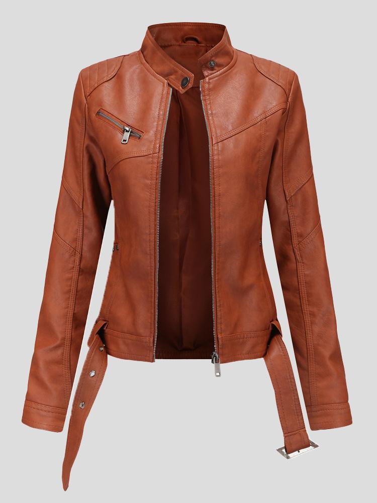 WW | Damenjacken Stehkragen Slim Gürtel Lederjacke